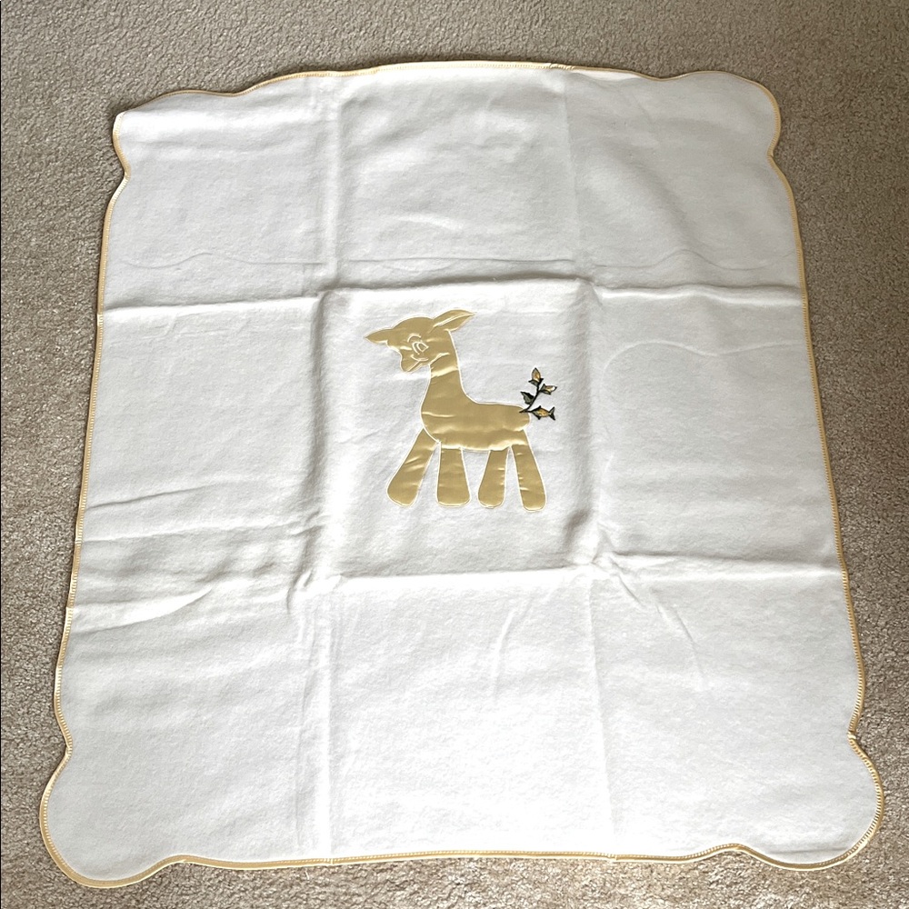 Vintage Bullock's White Baby Blanket with Gold Sheep Design